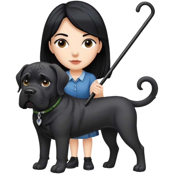Woman with long black hair holding a black Cane Corso dog with cropped ears emoji