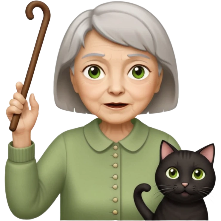 A grouchy old lady with a wooden cane in her hand waving it in the air shouting out "Stay Off My Lawn!" Hair Is short brown with some grey in it eyes are brown also  a pure black cat with big green eyes sitting on her left shoulder. The cat has her left paw up emoji