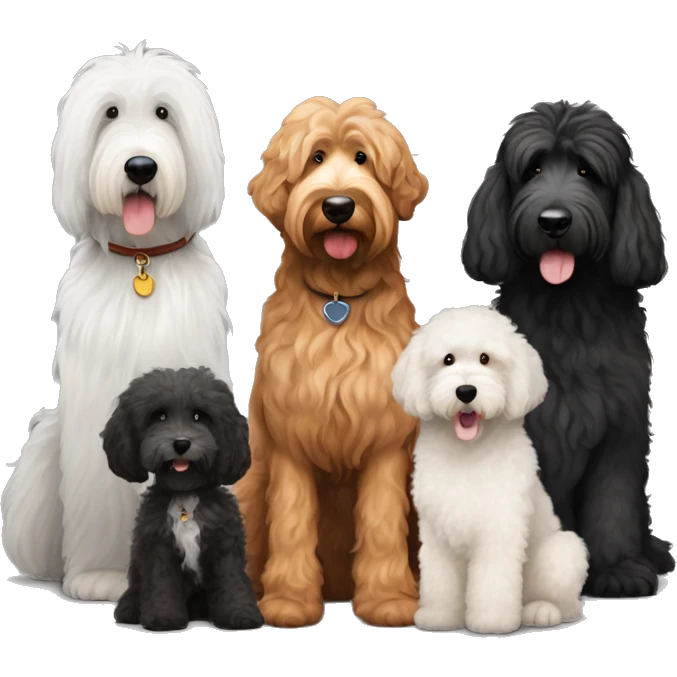 A tall, black golden doodle, a old English sheepdog, a brown golden doodle, and a smaller black goldendoodle together emoji