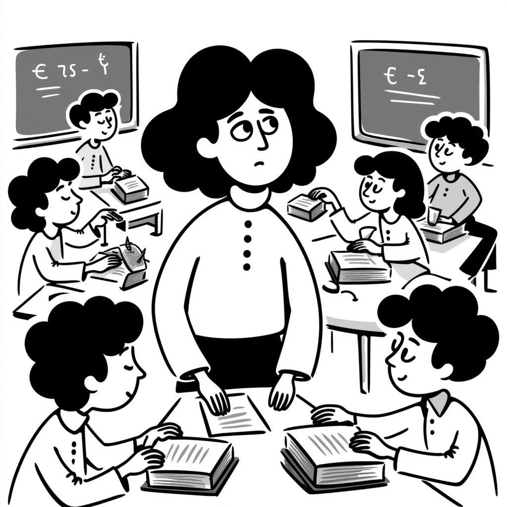 exhausted teacher in a bustling classroom emoji