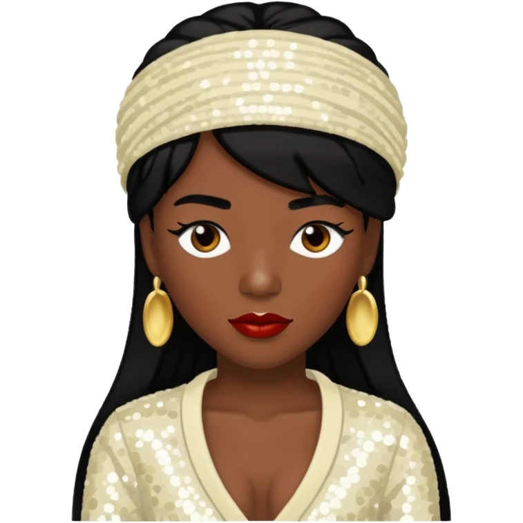 Chilli from TLC with dark skin, black hair, ivory sequin outfit emoji
