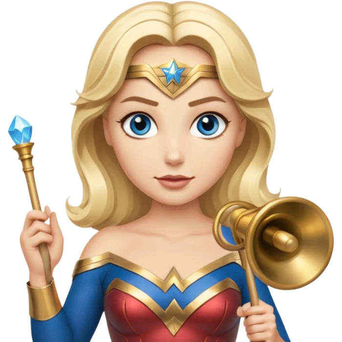 Blonde blue eyed Wonder Woman holding white orchestra conductor’s baton and bell emoji