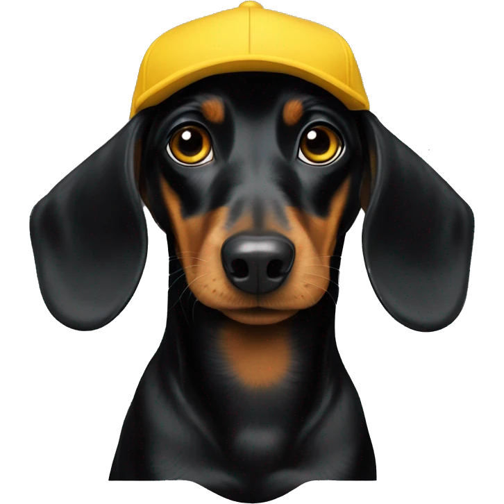 Total black dachshund wearing yellow cap LA emoji