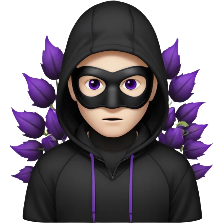 non human male cartoon character related to a shadow, with all black clothes, focusing a black hoodie, and a black hockey face mask covering his entire face, just his purple shadow eyes making a light bloom, no background emoji