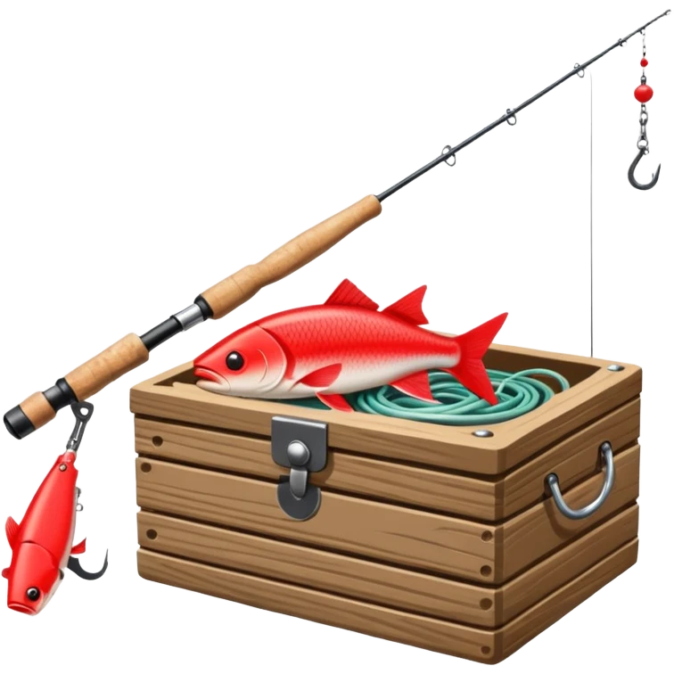 A fishing rod with reel and line neatly coiled beside a bait box.

 emoji