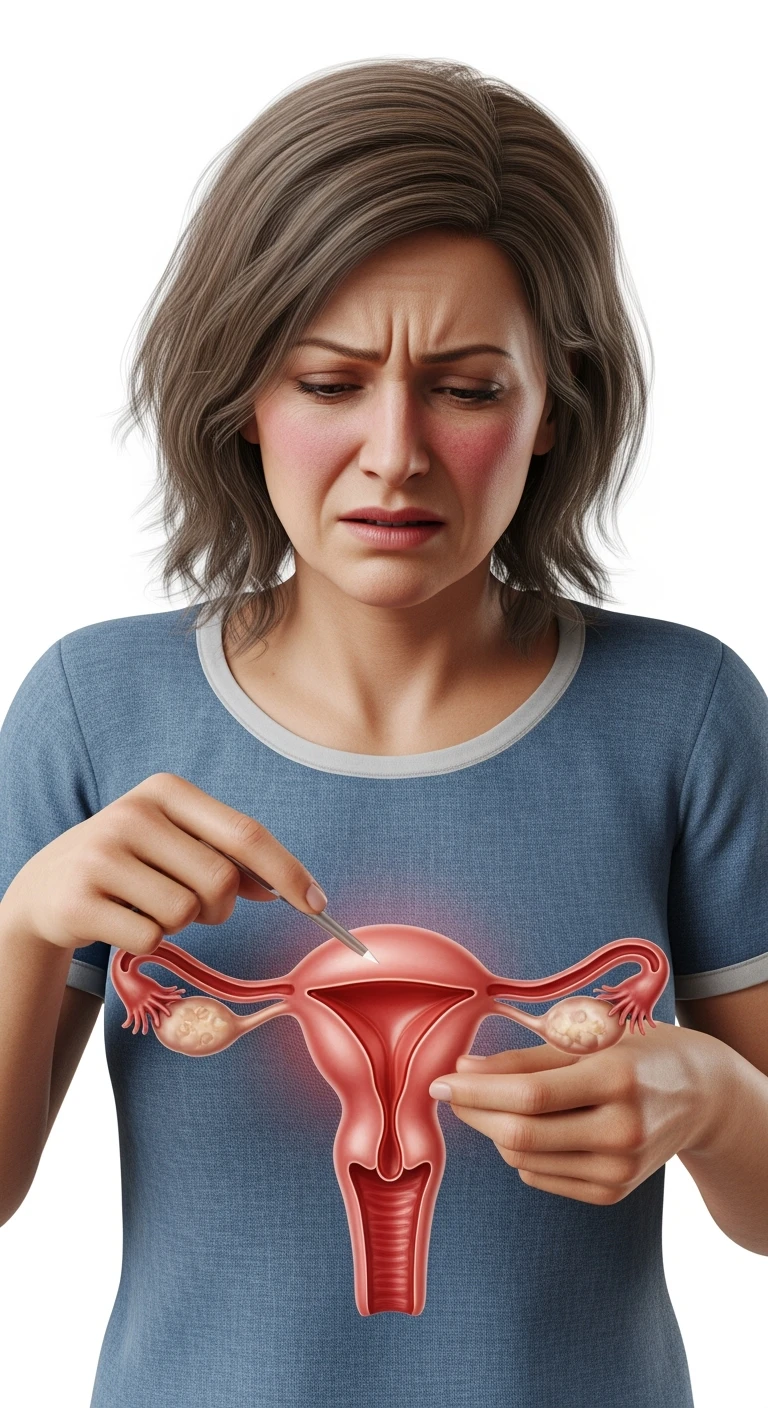 donna vestita casual realistico con utero umano anatomico in evidenza, dolore in volto
, IPERREALISTICO 4K, sfondo bianco emoji