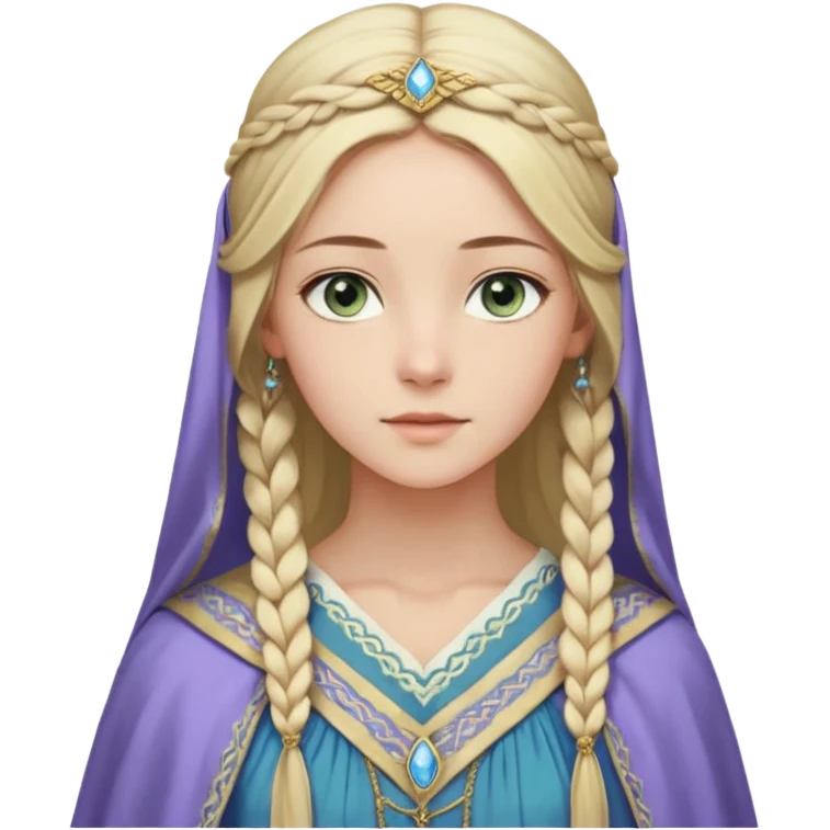 Joven de unos 30 años, de aspecto dulce y elegante.
Piel clara, ojos (pueden ser azules o verdes)
Rubio o castaño claro, largo, con trenzas o velo.
Vestido largo de tonos suaves (blanco, azul o lavanda), con bordados dorados; un manto o toca fina cubriendo la cabeza. Haz todo el cuerpo. emoji
