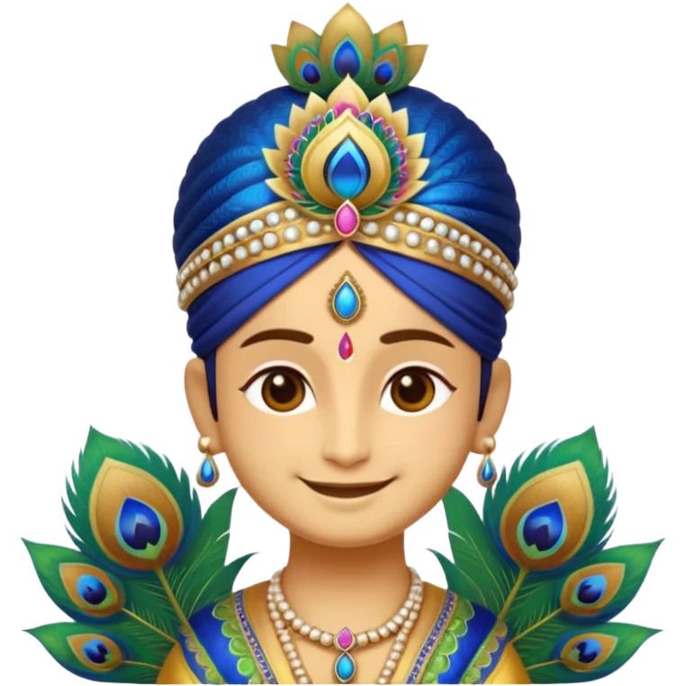 Create a cute and divine emoji of Khatu Shyam Ji with a charming smile, glowing aura around the head, traditional Rajasthani attire, peacock feather on the crown, tilak on the forehead, holding a lotus flower, with a soft golden background and spiritual energy radiating from the emoji face." emoji