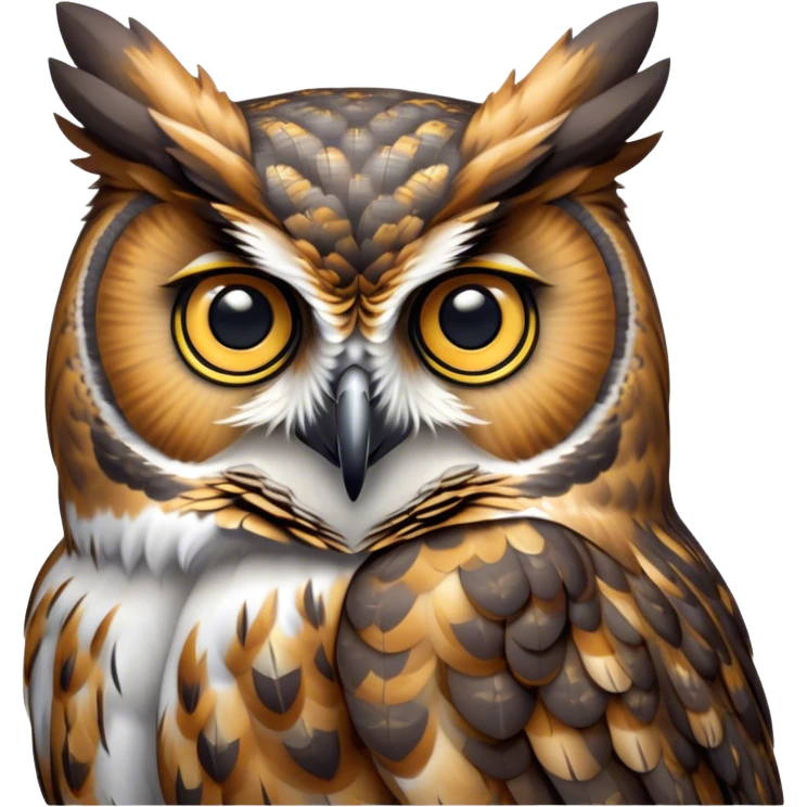Cinematic Cute Great Horned Owl Portrait Emoji, Head tilted playfully and inquisitively, featuring a lush mottled Fur with intricate patterns of gray and white, round, sparkling golden eyes filled with curious wonder, Simplified yet irresistibly adorable features, highly detailed, glowing with a warm, friendly glow, high shine, affectionate and wise, stylized with a touch of nocturnal whimsy, bright and endearing, soft glowing outline, capturing the essence of a mischievous yet loving owl, so playful it feels like it could glide out of the screen and perch in your arms! emoji