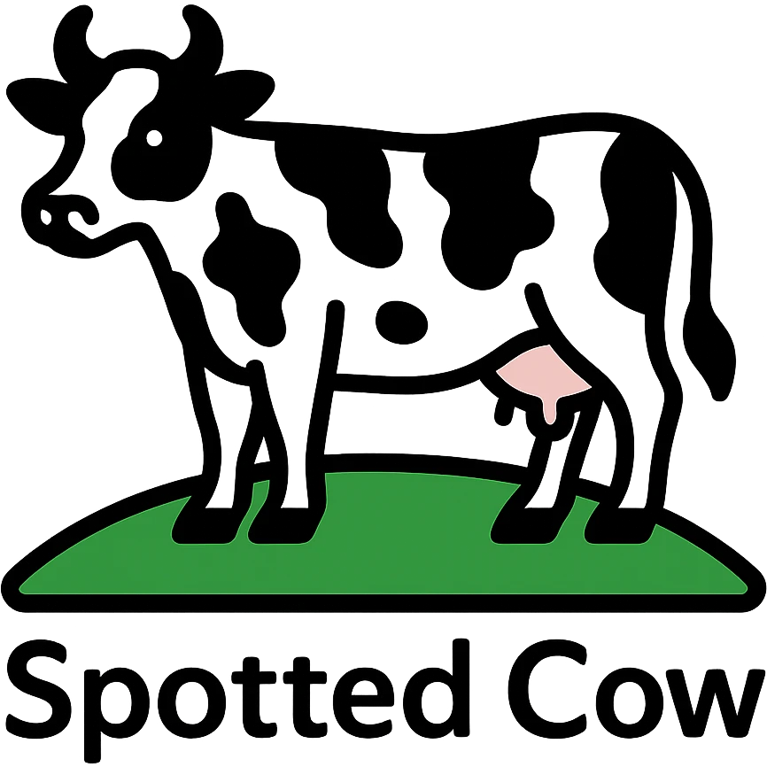 Change the cow on the stylized New Glarus Spotted Cow beer label to black and white, keep the green field and 'Spotted Cow' text, no background. emoji
