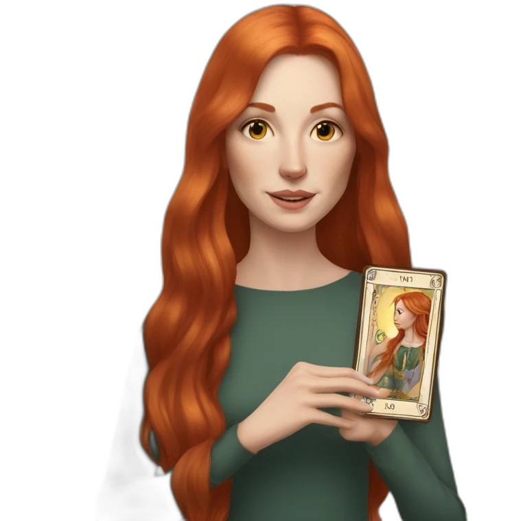 redhead white woman medium long straight hair, holding a tarot card in her hand emoji