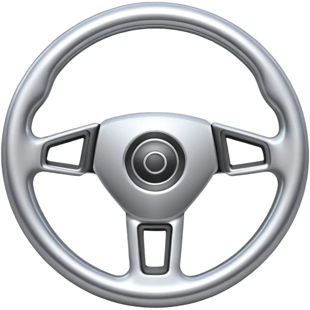 A futuristic steering wheel emoji made of silver chrome, minimal geometric design, smooth metallic surface, soft reflections, iOS emoji style, centered, clean white background emoji