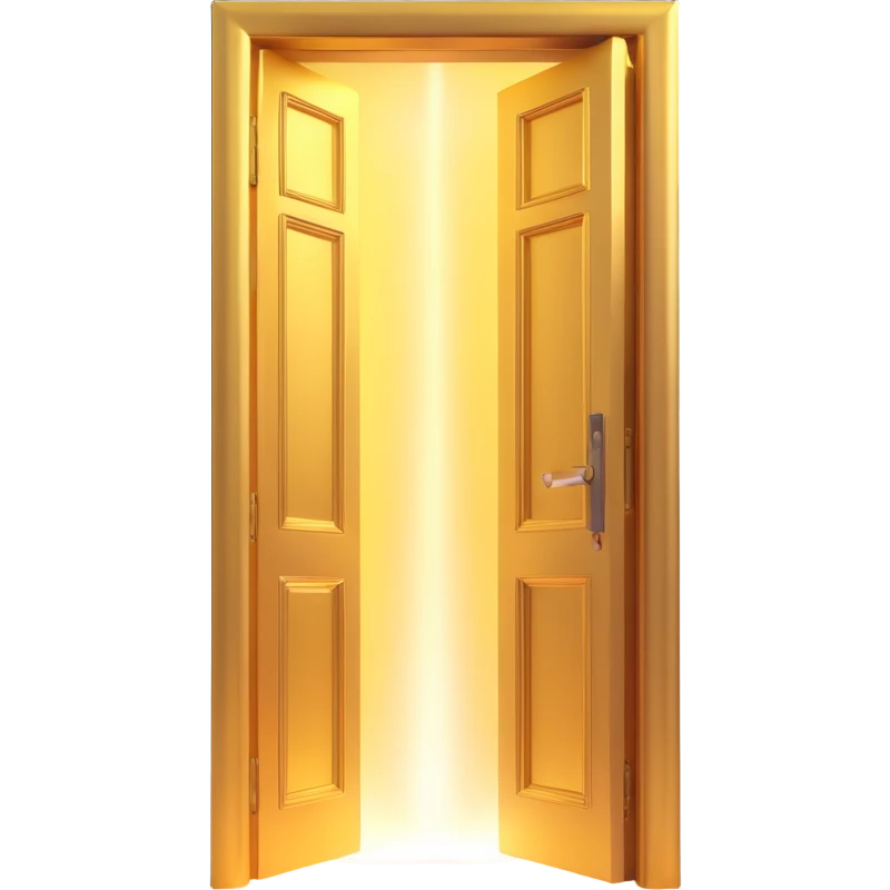 3D emoji style, pitch black scene with an ornate golden door slightly open. Extremely strong, wide, and bright white light beam and glowing haze pouring through the crack. Cinematic and dramatic atmosphere with a clearly visible light shaft. No background. emoji