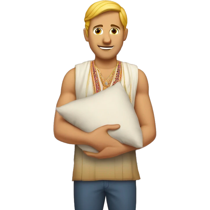 white man holding a pillow, weaing indian festival outfit emoji