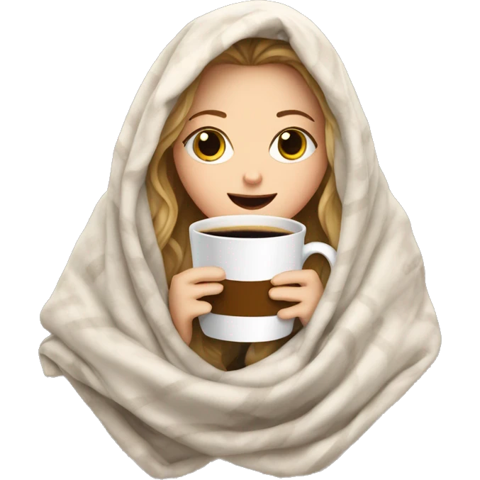 White girl inside of a blanket drinking coffee with eyes close emoji