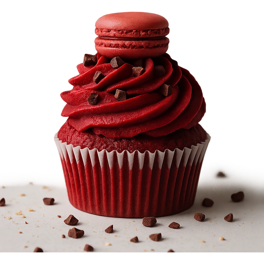 Change the icing to red velvet with a deep red, creamy texture, keep the realistic cupcake and accessories, photorealistic style, transparent background. emoji