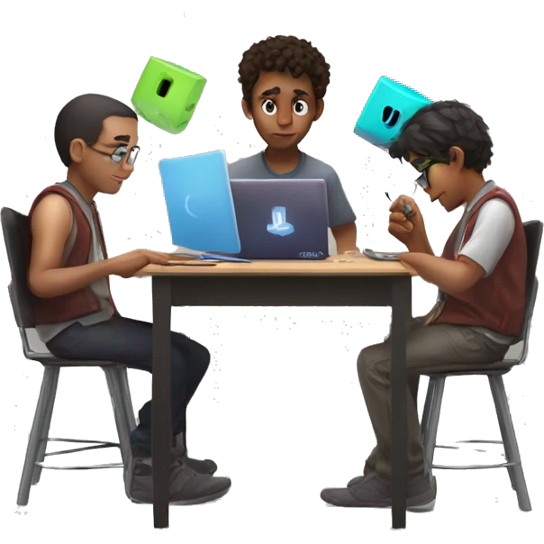 vin doing math, elliot on his computer, and matt using a rubicks cube intensely emoji