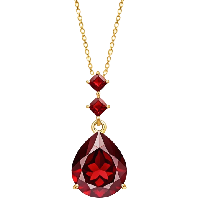 red garnet pendant like enchanted starlight, suspended from a gold chain, symbolizing passion and transformation emoji