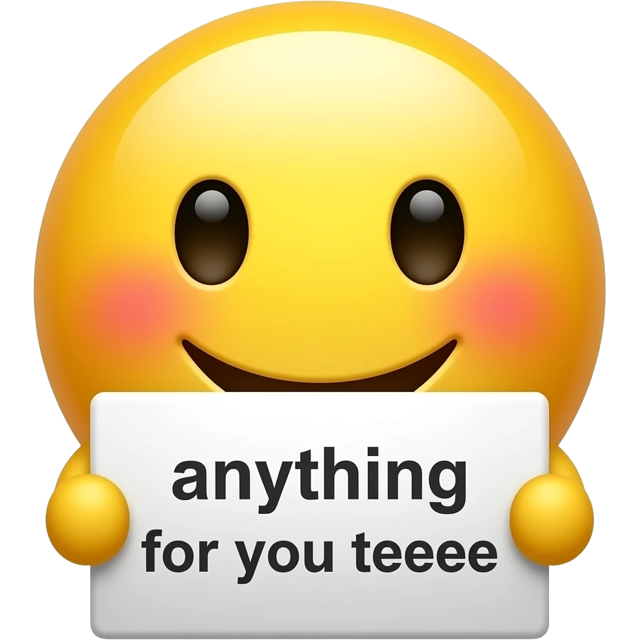 Yellow smiley blushing holding up a sign sign that says "anything for you teehee" emoji