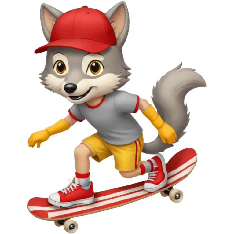 A gray wolf with large, expressive eyes and a friendly smile. The gray wolf is wearing a bright yellow T-shirt, red shorts, white knee socks, and sneakers. The baseball cap is on backwards. The wolf is preparing to perform a skateboarding trick. emoji