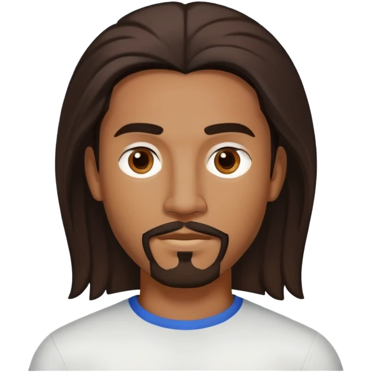 Young man with medium brown skin, mixed-race ethnicity, long dark brown hair with a very defined center part exactly in the middle, goatee, mustache, and medium brown eyes, head only emoji