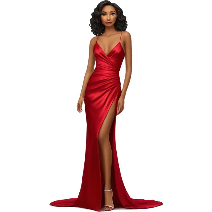 “Elegant red satin gown with spaghetti straps, a V-neck, ruched waist, and a high side slit. Smooth and shiny fabric for a glamorous look.” emoji
