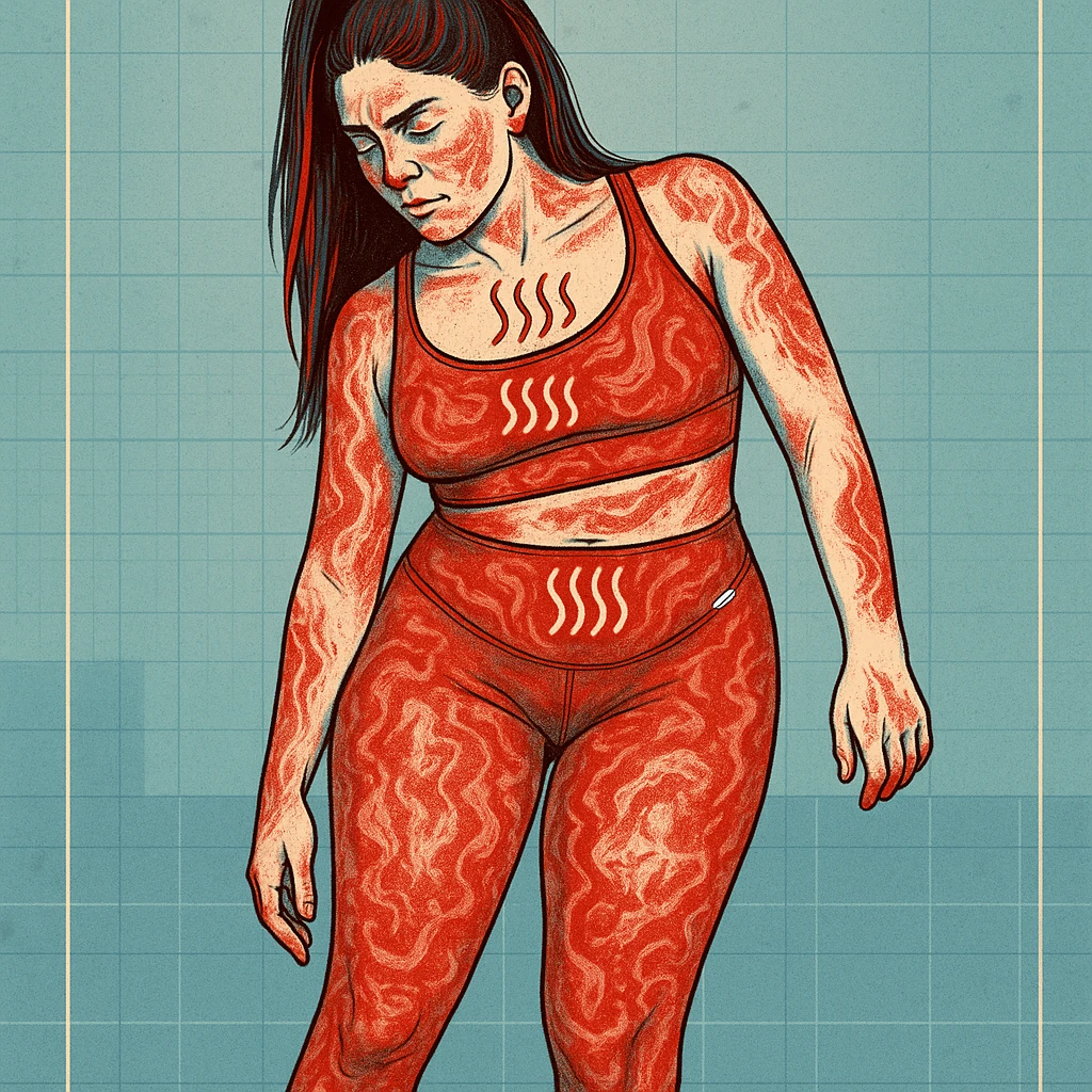 Modern illustrative style of a woman with tilted pelvis and asymmetric posture, widespread inflammation represented by red textures and heat symbols, clinical atmosphere, highlighted details. emoji