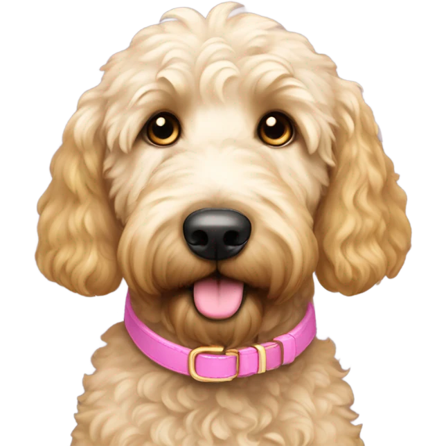 gold and white golden doodle that is medium sized with gold eyes and a pink nose wearing a pink collar emoji