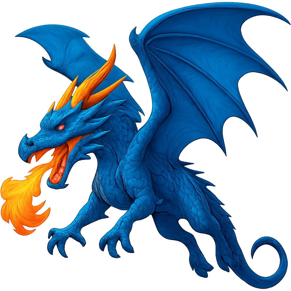 Show this fiery blue dragon with large wings in a dynamic flying pose, keep the style. emoji
