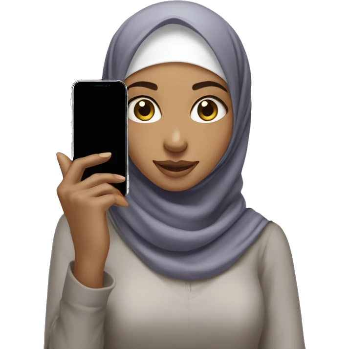 a hijabi girl is taking picture with iphone 13 emoji