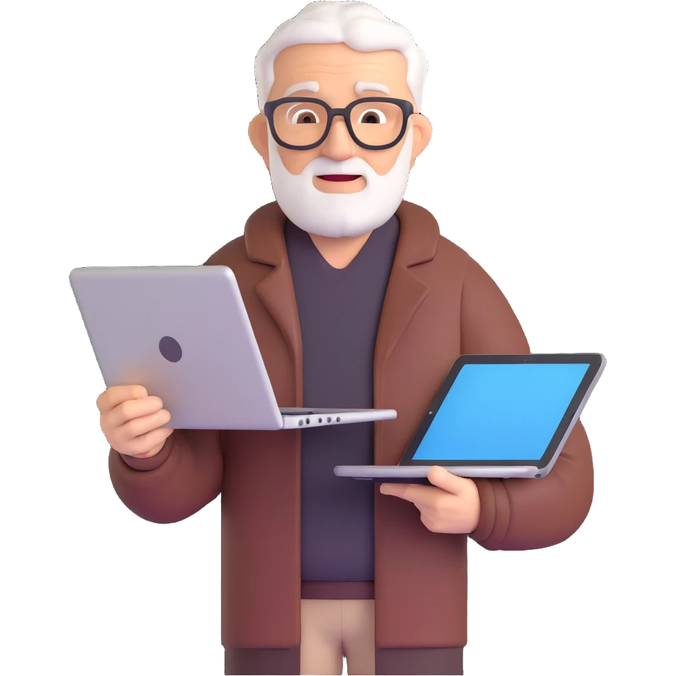 emoji of an older coder using a laptop and referencing a tablet emoji