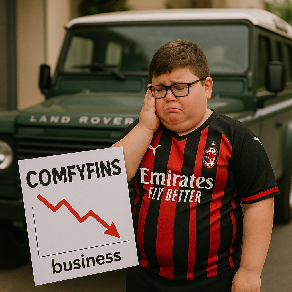 A business-minded kid, a bit fat and with glasses, in an AC Milan kit, in front of a Land Rover Defender, reacting sadly to the collapse of his business 'ComfyFins' emoji