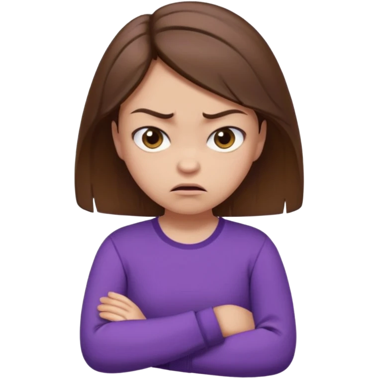 Angry Pouty girl with small squinted eyes folding arms in a purple longsleeve shirt she has fair skin and brown hair emoji