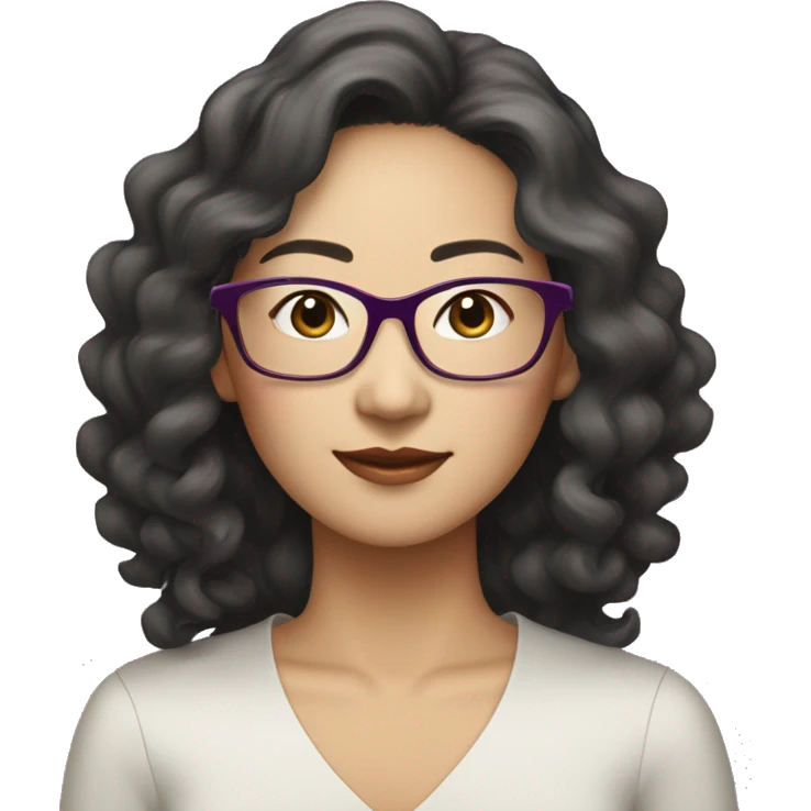 Elegant fair asian woman in her 40s, wearing rimless spectacles, long curly hair, slightly plum emoji