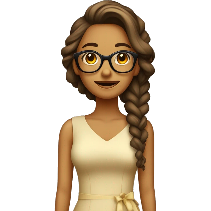 Chica con pelo castaño rizado longitud mediana. Con gafas beige. Sonriente y con vestido amarillo con dibujos de piñas. emoji