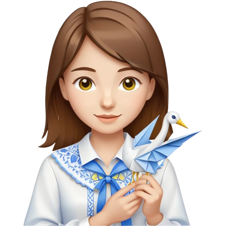 Happy Ukrainian young girl with brown hair in a white embroidered shirt holds an origami yellow and blue crane emoji