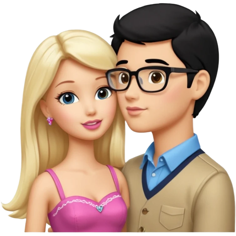 pretty light blonde girl barbie kissing boy nerd with black hair and tan skin on the cheek emoji
