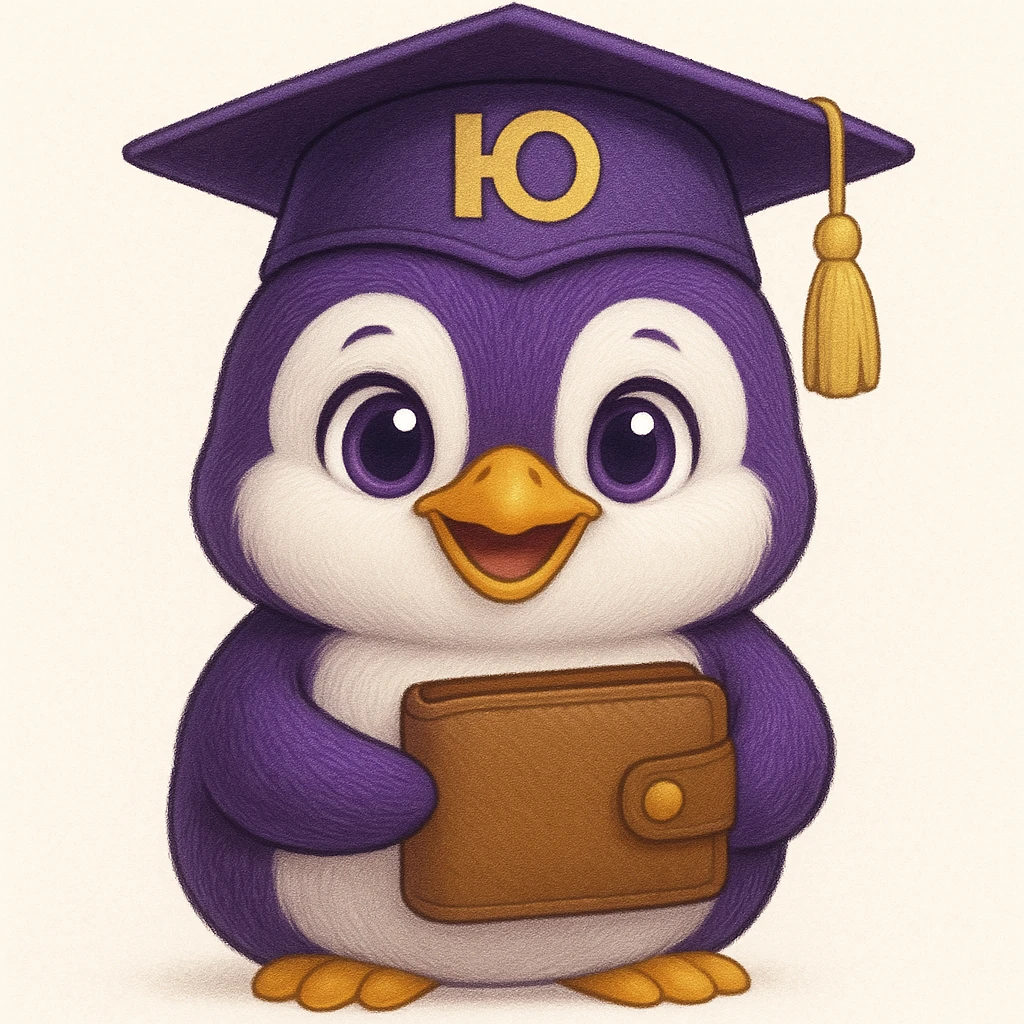 A cute penguin with beautiful eyes, very happy, wearing a graduation cap with the letter 'Ю' on it, holding a wallet, with purple accents. emoji