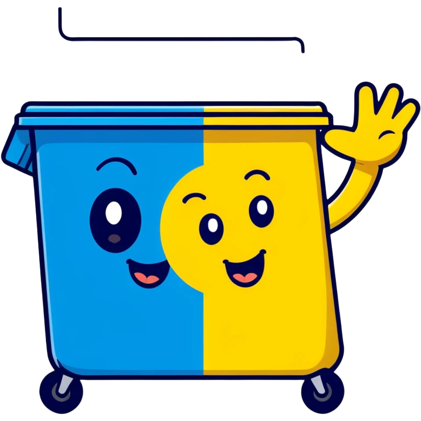 cartoon blue bin with a happy face, waving and saying hi emoji