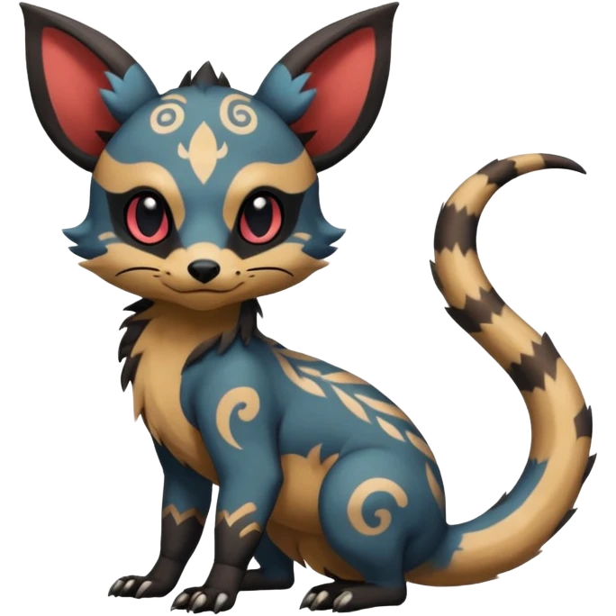 Rare warm-colored exotic cute epic aesthetic gothic colorful Salandit-Eevee-Civet-species-Fakemon-hybrid-creature, with intricate tattoo markings, full body emoji