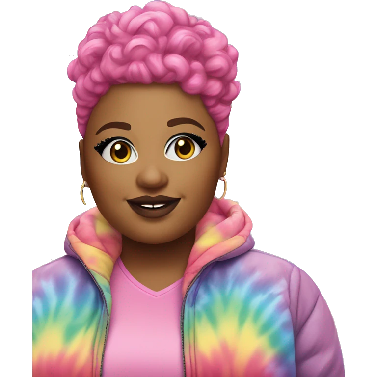 Plus size black woman with chinky eyes, a pink curly pixie cut hair and a rainbow tie dye bubble jacket  emoji