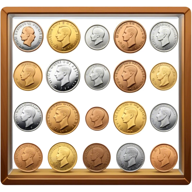 Icon for Coin Collecting: a collection of various vintage and modern coins, neatly arranged in a display case or on a table. The icon should highlight the diversity and historical value of coin collecting. Transparent background. emoji