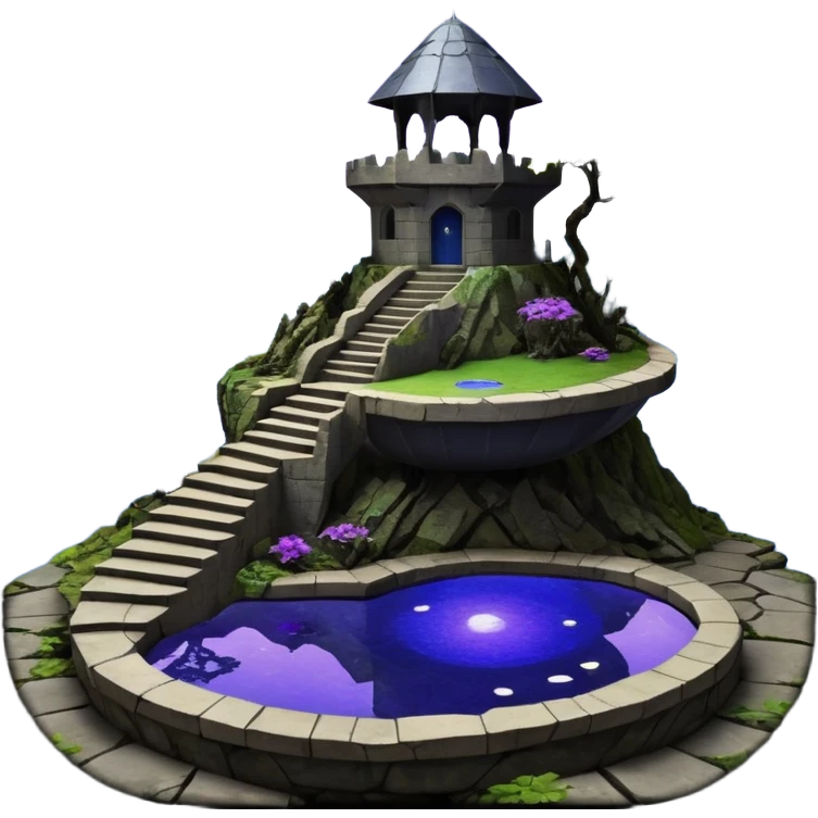 Crashed Alien saucer pool-castle jungle winding staircase lakeside mountainside-island getaway haunted nighttime landscape antique mudman very old broken cracked intricate Stone Age lapis-crusted irregular dodecagon-shaped shallow dark moss rough bark violet flowered maple tree bonsai emoji