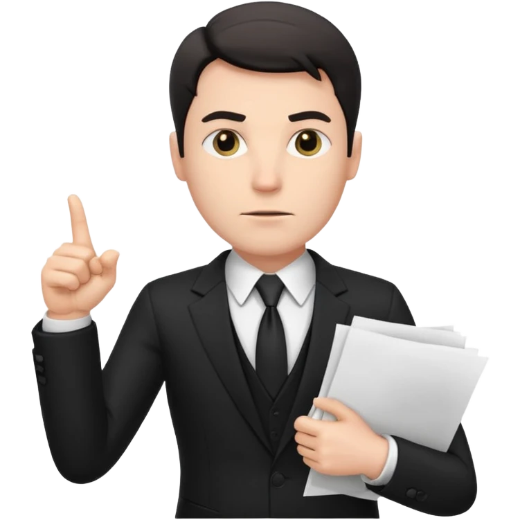 A white man in a black suit stands with a serious face and points at his hand holding papers. emoji