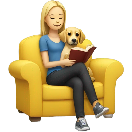 girl reading on couch with yellow lab  emoji