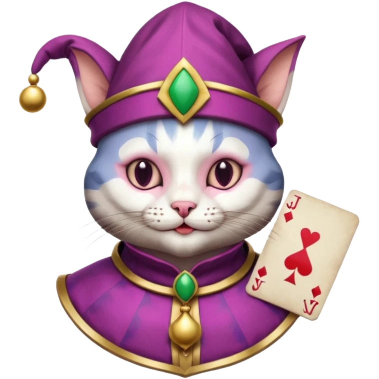 court jester cat medieval, single poker card joker clearly visible, pink, face only, round badge,  court jester cap emoji