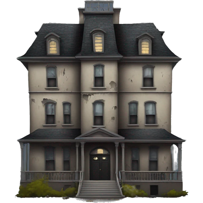Dark dilapidated 8 story Haunted Addams manor hotel with attached garage  emoji