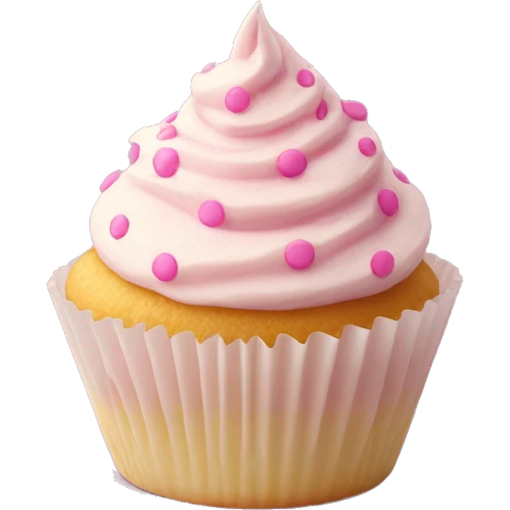 Butter creme frosted cupcake with pink polka dot cup liner emoji