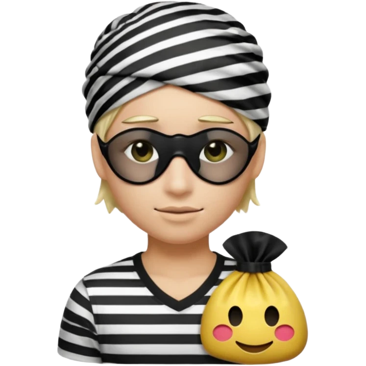Realistic ios emoji-style portrait of a classic burglar, a black eye mask and a black-and-white striped shirt. Highly detailed, natural skin texture, realistic shadows, smooth gradients, glossy reflections in the eyes. emoji-like hair, black hat, an emoji bag of money in a right corner  emoji