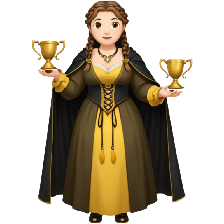 Helga Hufflepuff,brown-haired,2 braids,yellow-black medieval open dress,deep neckline,fat macromastia,black cloak decorated with gold braiding,gold cup with two handles,very kind smile,curvy busty sweet woman,round rosy cheeks,full length with medieval shoes emoji